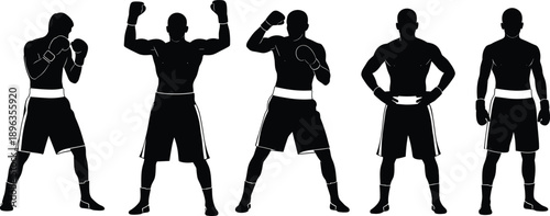 Boxer silhouettes in fighting stances and victory poses isolated on white background for boxing, combat sports, training, fitness, and athletic design concepts