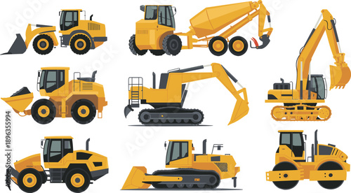 Heavy construction machinery vehicles set illustration with excavator bulldozer loader dump truck roller isolated on white background vector