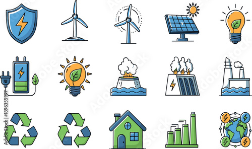 Print Flat Color Line Icon Set for Sustainable Energy and Eco-Protection Featuring Renewable Solar and Wind Power Electric Vehicle Infrastructure and Global Green Technology Symbols