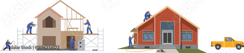 House construction process illustration showing workers building wooden home renovation with scaffolding tools and pickup truck isolated flat vector design