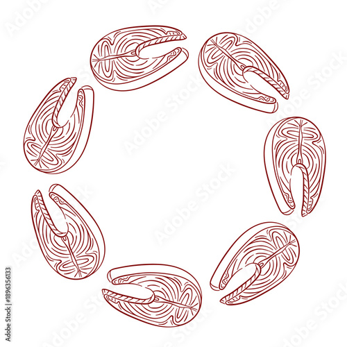 Salmon steak wreath in line art style for restaurant menu. Slice of fish isolated on a white background.