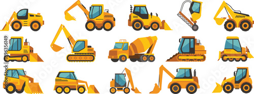 Isometric construction vehicle collection with excavators loaders bulldozers dump trucks and rollers isolated flat vector illustration for building industry design