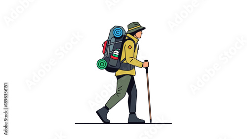 Hiker with backpack and trekking pole walking right