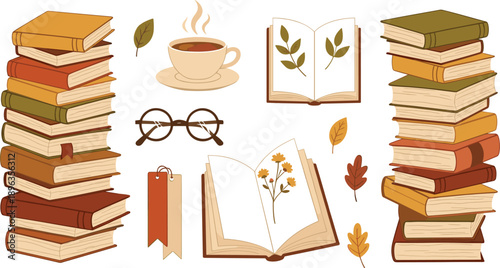 Cozy autumn reading composition with stacked books open notebooks coffee cup glasses and fall leaves vector illustration
