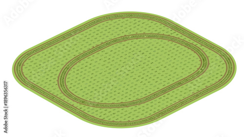 Isometric view of a green ovalshaped racetrack with two parallel tracks