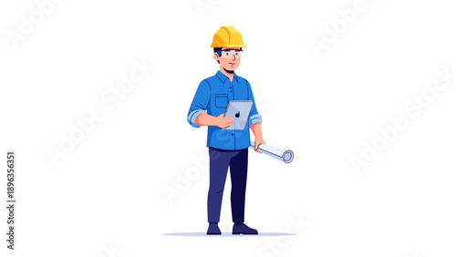 Man in hard hat with tablet and blueprints