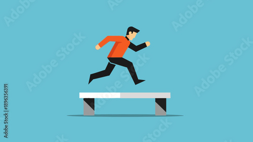 Man in orange shirt jumping over white hurdle