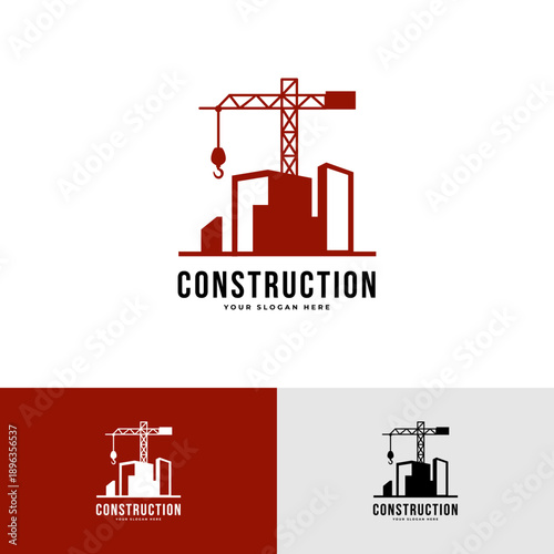 construction company logo design featuring tower crane and building silhouette
