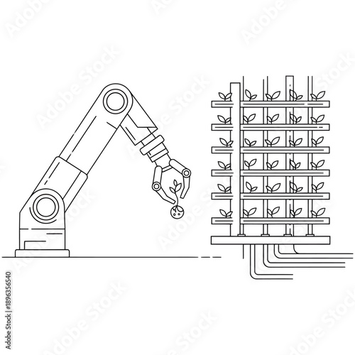Automated robotic arm interacting with a hydroponic plant system illustrating modern agricultural technology and innovation
