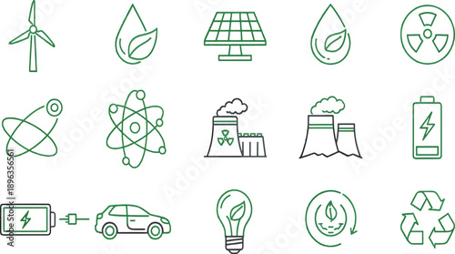 Print Green Eco-Energy and Sustainable Technology Icon Set Featuring Renewable Power Sources Nuclear Energy and Environmental Conservation Symbols