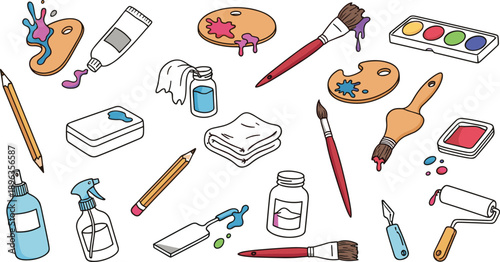 Set of art supplies and painting tools including brushes palette paints bottles pencils and watercolor equipment vector illustrations isolated