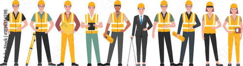 Professional construction workers team illustration wearing safety helmets and vests representing engineering management labor workforce diversity industry concept vector flat