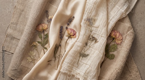 Layered Fabrics with Flowers Symbolizing Layers of Time