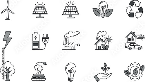 Print Minimalist Gray Line Icon Set for Environmental Sustainability Featuring Solar Energy Recycling Green Housing and Eco-Friendly Technology Symbols