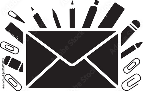 Black envelope with office supplies pencils markers