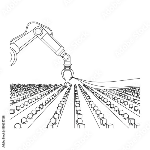 Robotic arm assembling multiple rows of mechanical parts in a factory showcasing automation and industrial manufacturing process with precision engineering