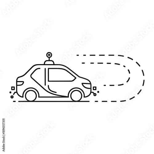 Autonomous vehicle driving with dotted lines indicating motion on a white background symbolizing future transportation technology