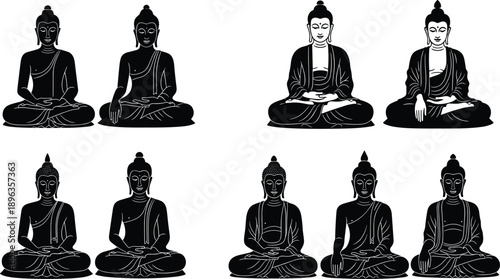 Buddha silhouettes in seated meditation poses isolated on white background for spiritual, zen, mindfulness, yoga, and religious design concepts