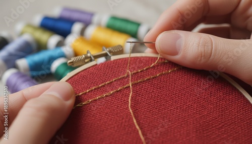 Schilderij op canvas Close up of hands embroidering red fabric with gold thread, colorful spools in b