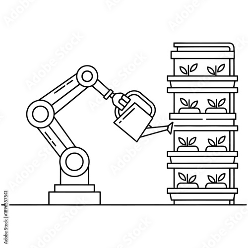 Robotic arm watering vertical garden with plants in modern indoor setup automation in urban farming concept artificial intelligence in agriculture
