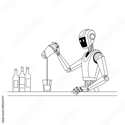 Robot bartender pouring a cocktail with a futuristic design on a clean background