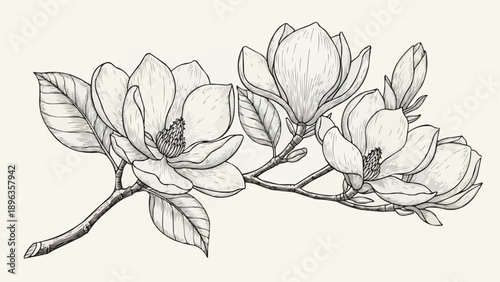 Delicate Magnolia Blossoms Branch Sketch.