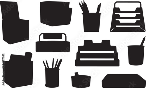 Black silhouette office supplies and desk organizer
