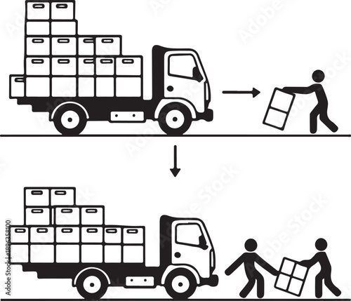 Delivery truck unloading and stacking cardboard boxes with workers diagram illustration