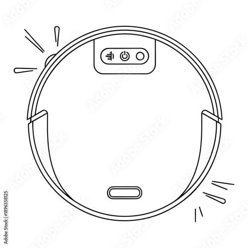 Robot vacuum cleaner device line drawing with motion lines on white background for technology and innovation concepts