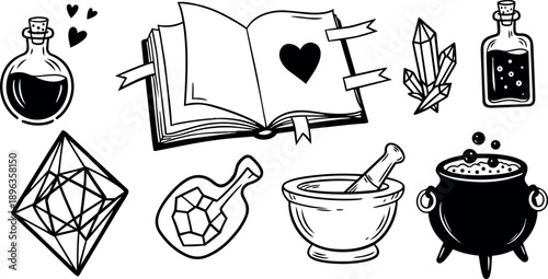 Black and white line art potion bottles magical crystals open spellbook with heart symbol bubbling cauldron with pestle and mortar illustration