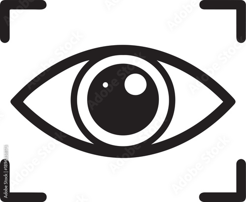 A sleek black and white illustration depicting an eye within a scanning frame symbolizing surveillance or biometric scanning