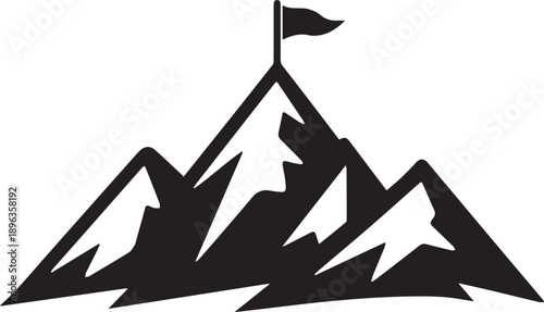 A bold black silhouette mountain peak with a flag symbolizing achievement and victory at the summit
