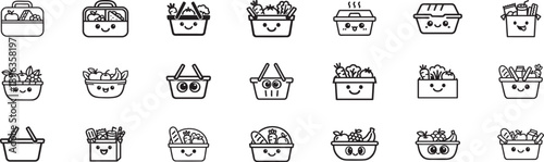 Kawaii Food Containers and Groceries Line Art Icon Set