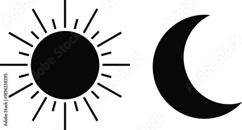 Sun and moon silhouette icons isolated on white background, minimal celestial symbols for day night concept, astrology, weather, UI design, spiritual branding illustration