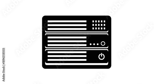 Black and white server rack icon representing data storage and network infrastructure.