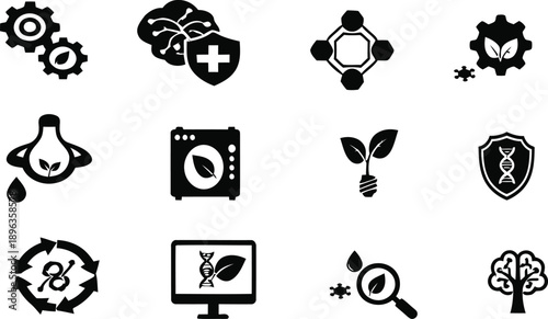 Smart biotechnology and green laboratory icon set featuring DNA monitor,Eco gear,sustainable energy,and bio-science research silhouette.
