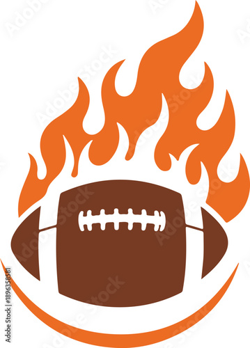 American football ball on fire with orange flames and circular swoosh element representing team sports passion and competitive game play