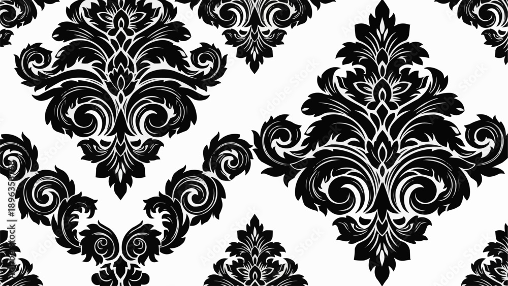 Fototapeta premium Elegant Black Damask Pattern on White Background.