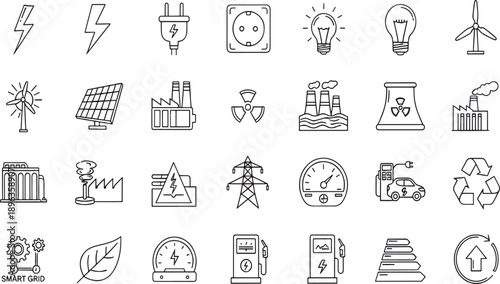 Print Industrial Energy and Sustainable Power Generation Icon Set Featuring Smart Grid Technology Renewable Solar and Nuclear Energy Infrastructure Symbols