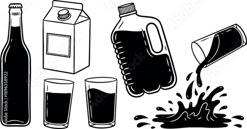 Black and white line art of various drink containers pouring liquid with splashing glass and bottle set in simple vector style