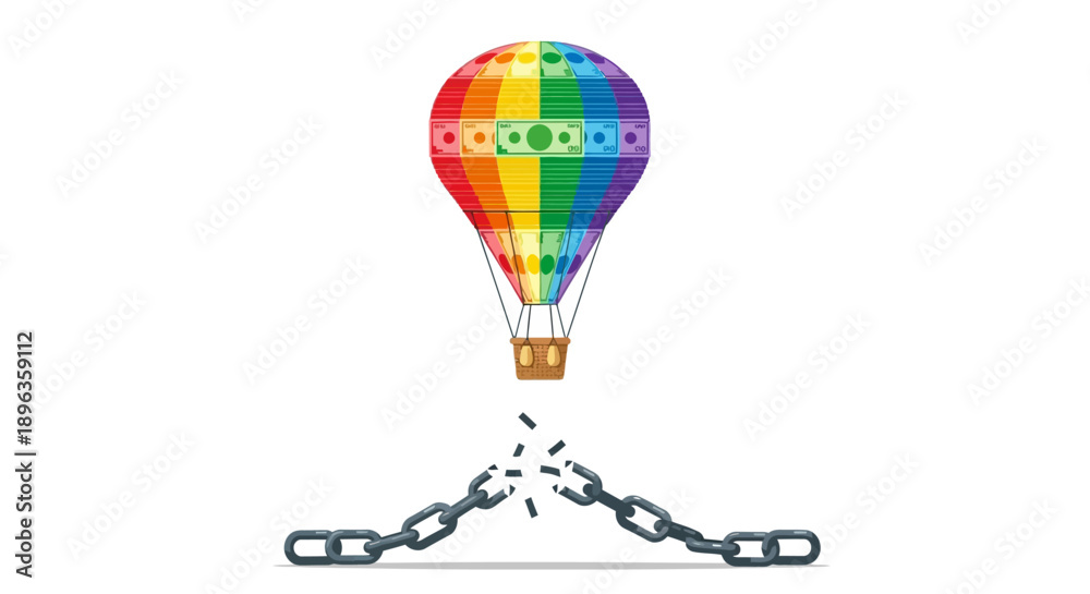 Obraz premium Financial Freedom Concept: Rainbow Hot Air Balloon with Money Breaking the Chain of Debt and Constraints Vector