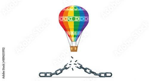 Financial Freedom Concept: Rainbow Hot Air Balloon with Money Breaking the Chain of Debt and Constraints Vector