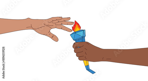 Passing the Torch Illustration: Hands Transferring Stylized Olympic Fire. Legacy, Leadership, and Sports Relay Vector.