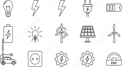 Print Minimalist Line Icon Set for Renewable Energy and Electric Mobility Featuring Solar Panels Wind Turbines Battery Storage and Electric Vehicle Charging Symbols