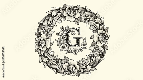 Elegant G initial monogram with floral wreath.