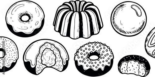 Black and white hand drawn bakery sweets collection with donuts bundt cake and bite taken round cookies illustration