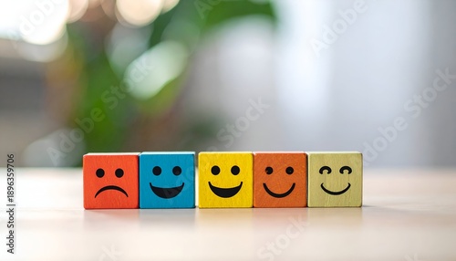 Five wooden blocks on a table, each with a simple facial expression, ranging from sad to very happy