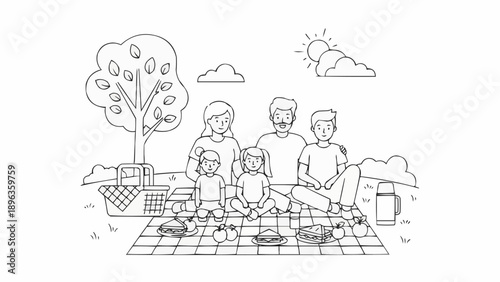 Family enjoying a sunny day picnic outdoors on a checkered blanket.