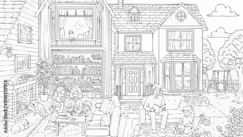 Family gathered on the porch of a suburban house.