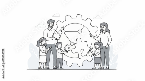 Family working together on a large gear mechanism.